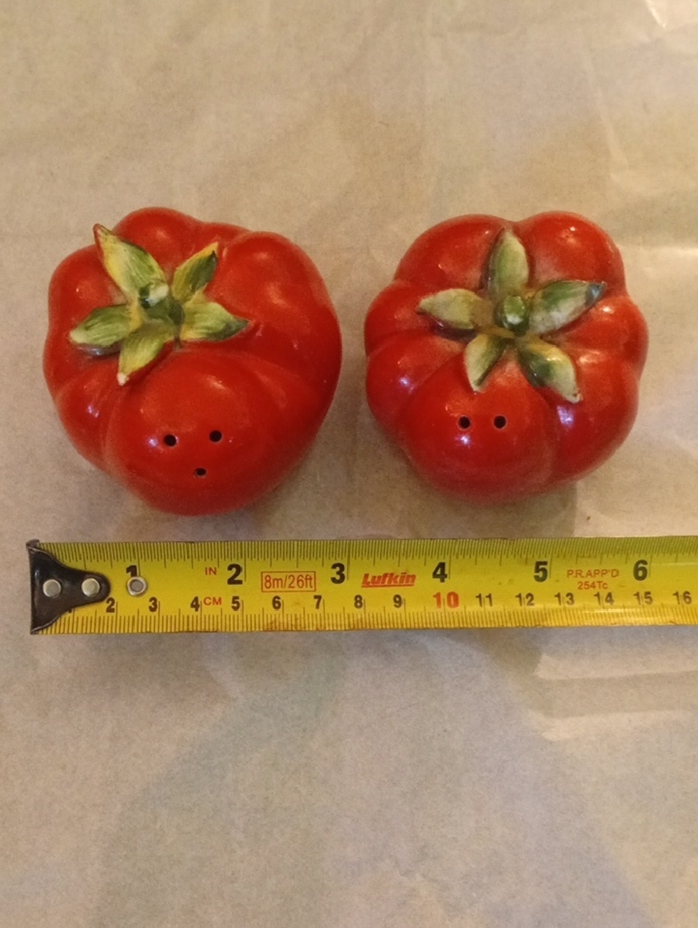 Large Tomato-Shaped Ceramic Salt and Pepper Shakers - Red